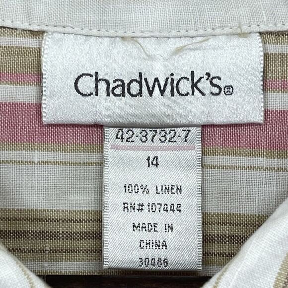 Chadwick's Button Up Top Women 14 Pink Brown Striped Long Sleeve 100% Linen T86 - Picture 8 of 14